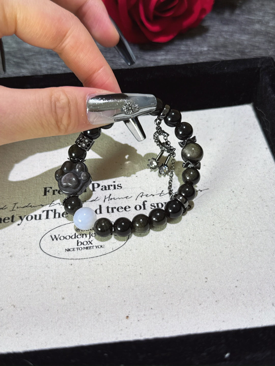 ▫️▪️ Gold obsidian silver obsidian cat's paw bracelet